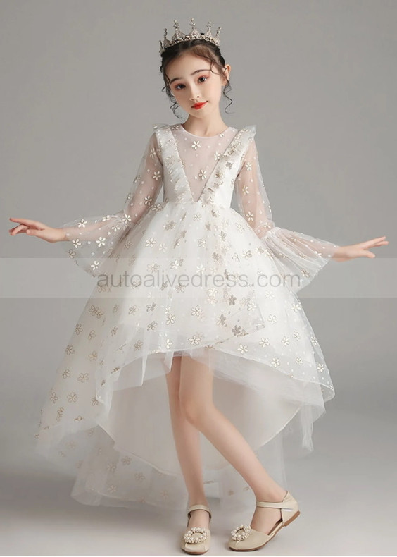 Ivory Floral Lace Tulle High Low Flower Girl Dress